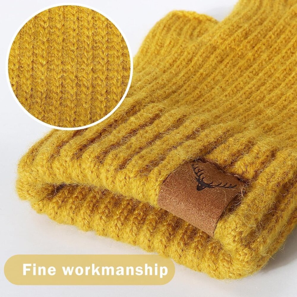 Women's Pure-Yellow Half Fingers Fingerless Cozy Lining Knitted Mittens Gloves - Picture 2 of 5